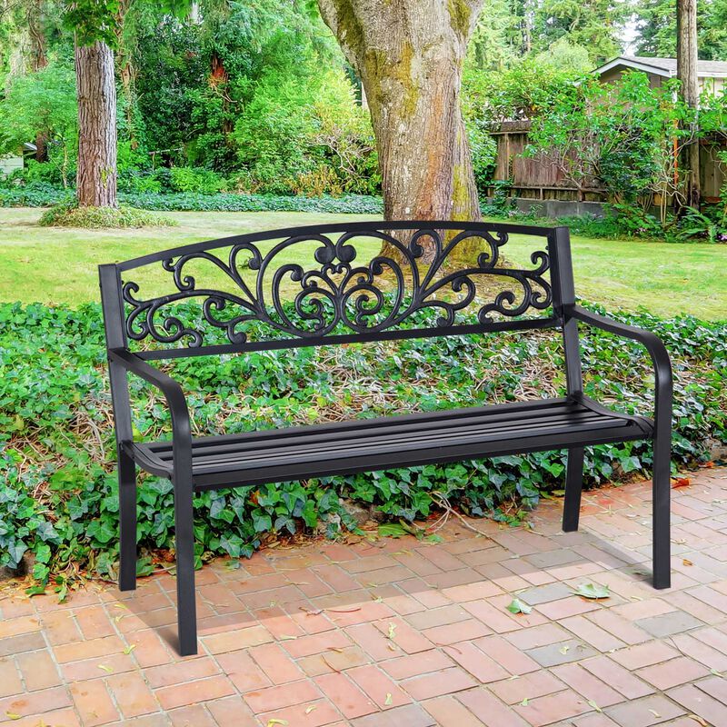 50" Outdoor Bench, Metal Garden Bench With Floral Pattern Backrest, Porch Bench With Slatted Seat image number 1