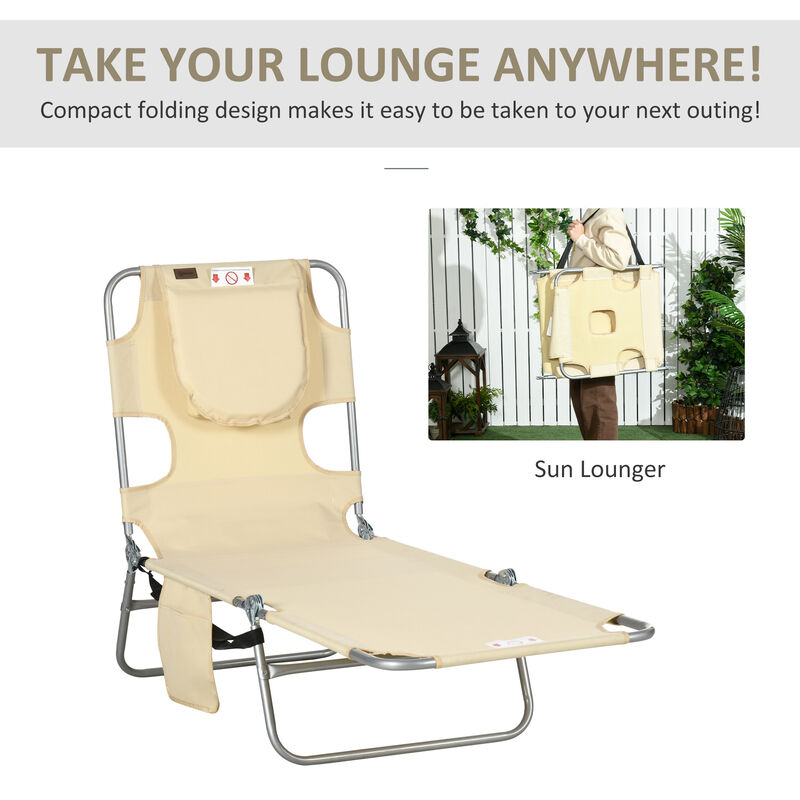 Outsunny Folding Outdoor Lounge Chair with Face Cavity and Arm Slots, 5-level Adjustable Sun Lounger Tanning Chair with Pillow for Patio Garden Beach Pool, Beige