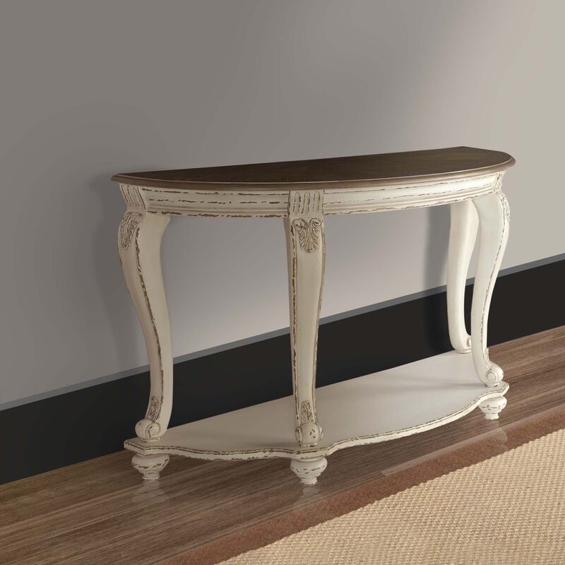 Crescent Moon Wooden Sofa Table with Engraved Details, Brown and White