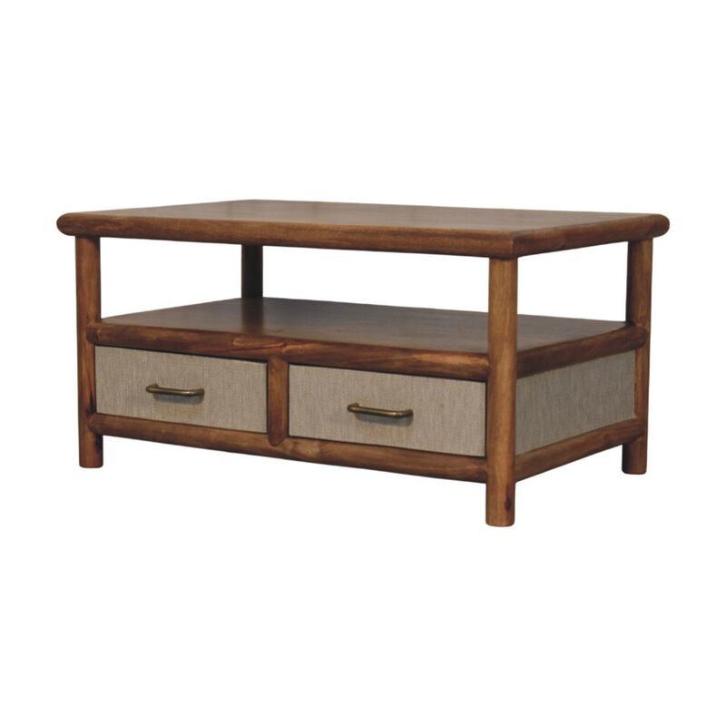 Artisan Furniture Solid Wood Solara Rattan Coffee Table, 2 Drawers, and Shelf, Gray and Brown image number 2