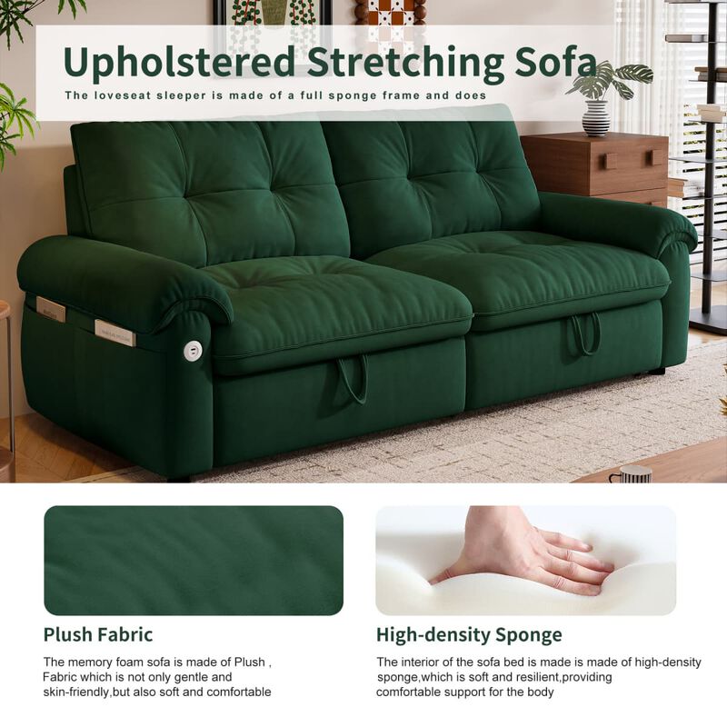 77 inch Convertible sleeper sofa bed, Plush fabric loveseat futon with USB ports and side pockets, sofa bed for small apartments image number 8