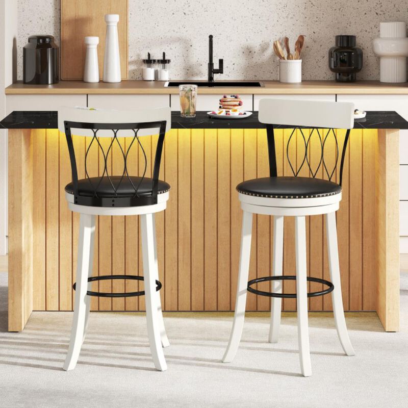 Hivvago Set of 2 Bar Stools Swivel Bar Chairs with Footrest Rubber Wood Frame and Tufted Rivets