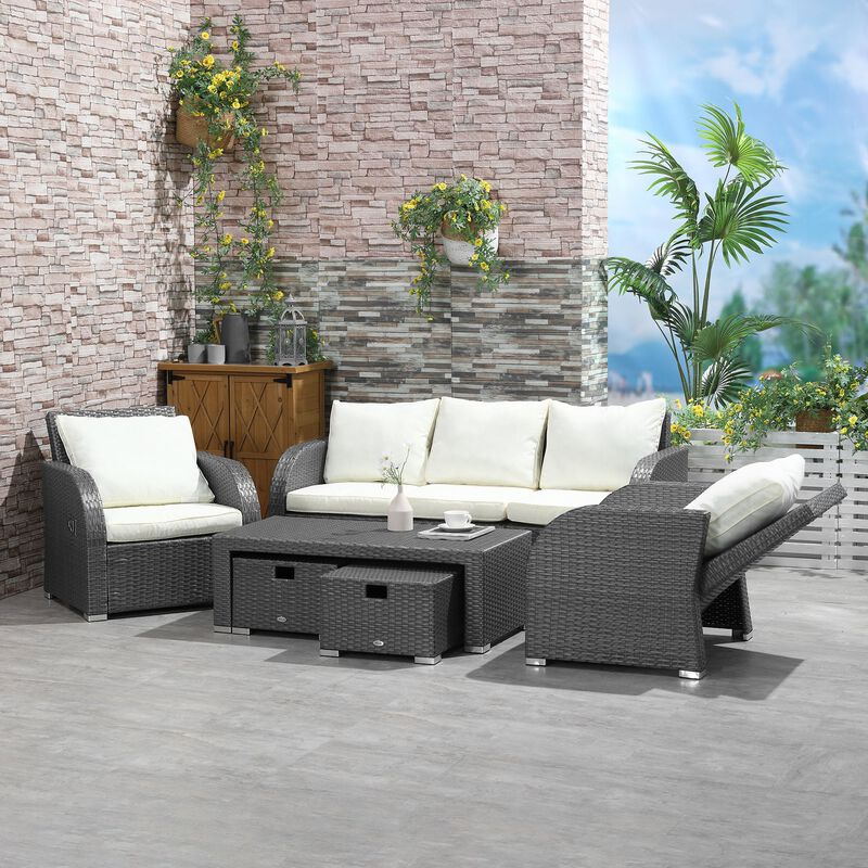 Off-white Patio Lounge: 6-Piece Rattan Set with Recliners