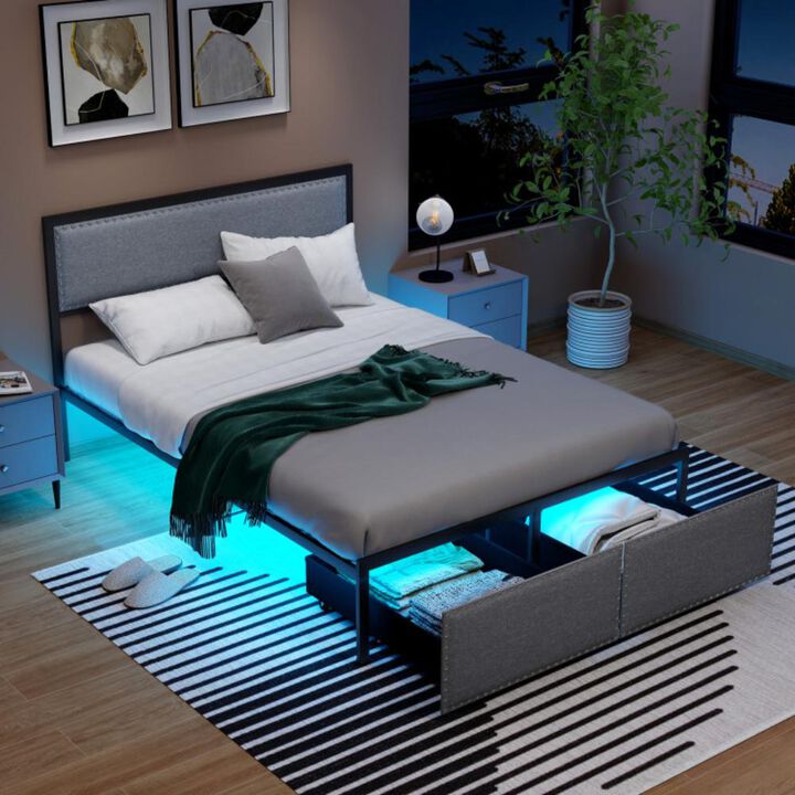 Hivvago Bed Frame with LED Lights Drawer and Metal Slats