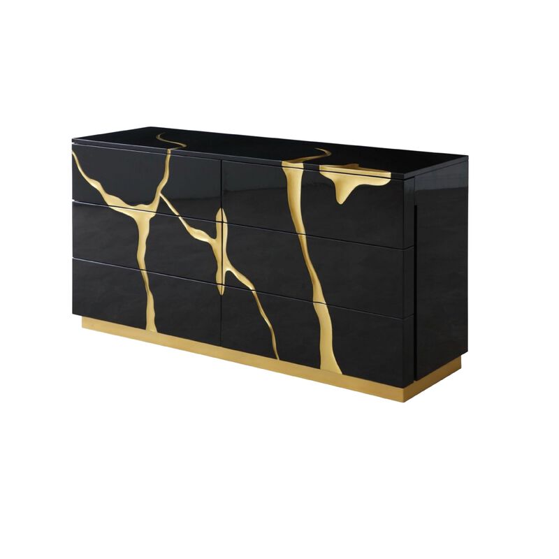 Cid Exie Dresser, Modern Glossy Black with Gold Inlaid Accents, 66 Inch - Benzara image number 2