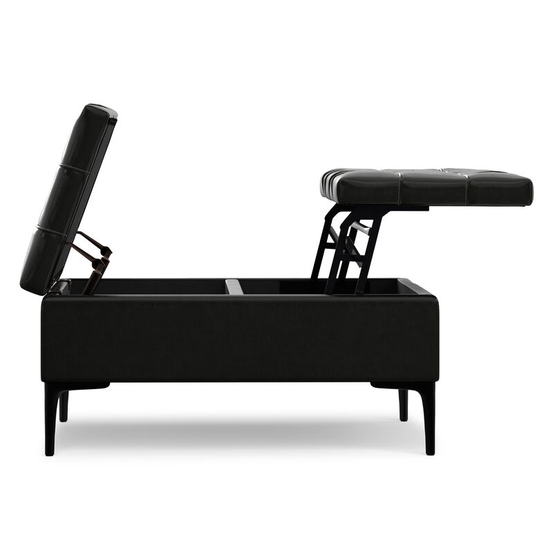 Laura 36 inch Wide Transitional Square Mid&nbsp;Century&nbsp;Lift Top Storage Ottoman in Midnight Black Vegan Faux Leather, Assembled image number 4