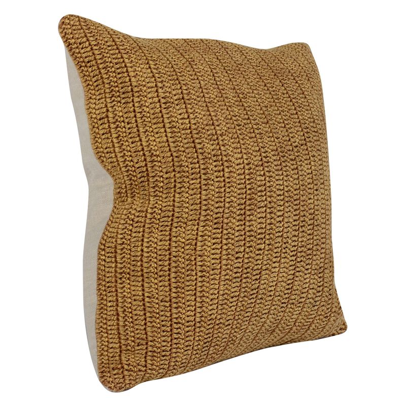 Rosie 22 Inch Square Accent Throw Pillow, Hand Knitted Designs, Brown Linen - Benzara image number 1