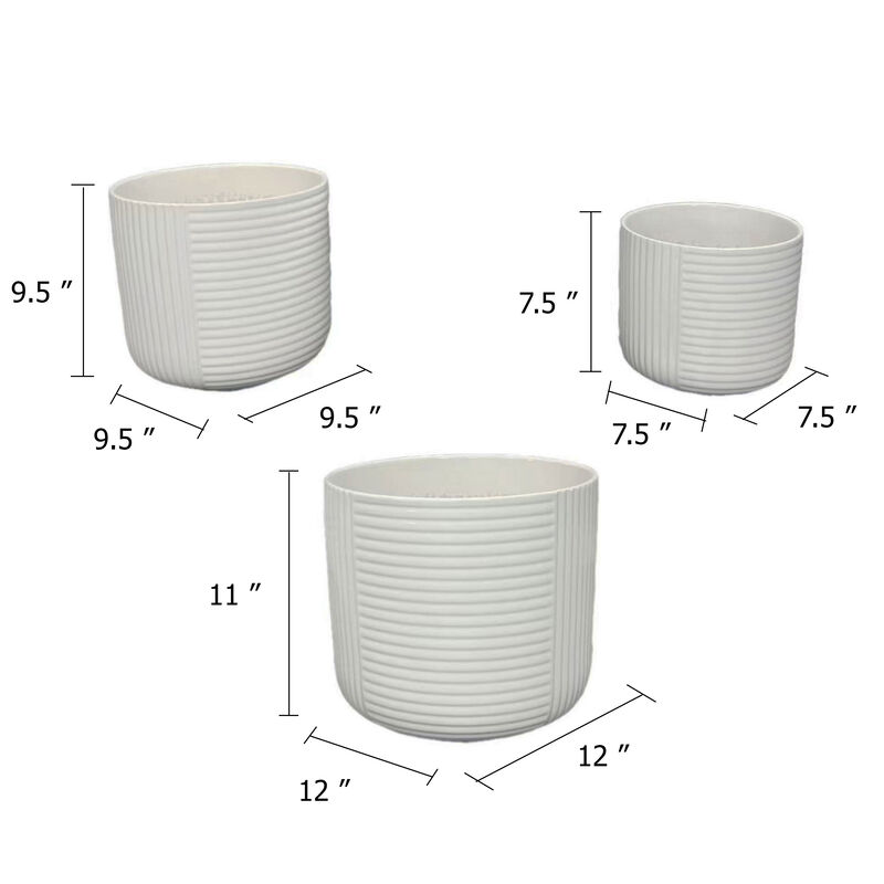 Kena Planter Set of 3, White Ceramic, Ribbed Texture Pots, 12 10 8 Inch image number 5