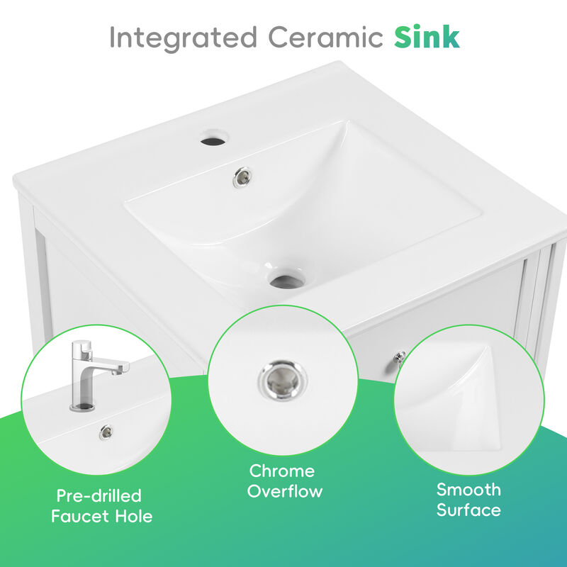 Whisen Minimalist Bathroom Vanity with Sink, Bathroom Cabinet with Soft Closing Door, Storage Rack and Adjustable Shelf - White