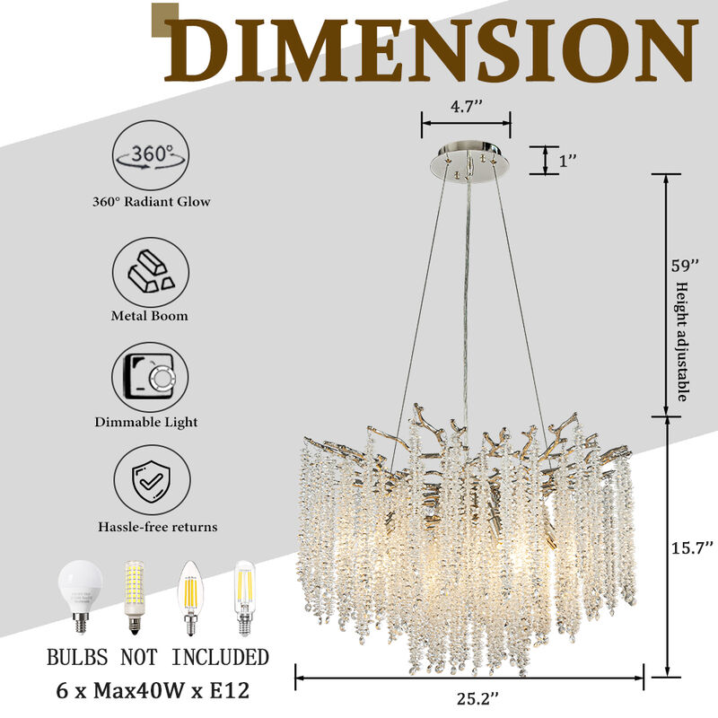 25'' Modern Glam Crystal Chandelier Polished Nickel Branch Style 6-Light Pendant Ceiling Light for Dining Room Bedroom Living Room Entryway image number 5