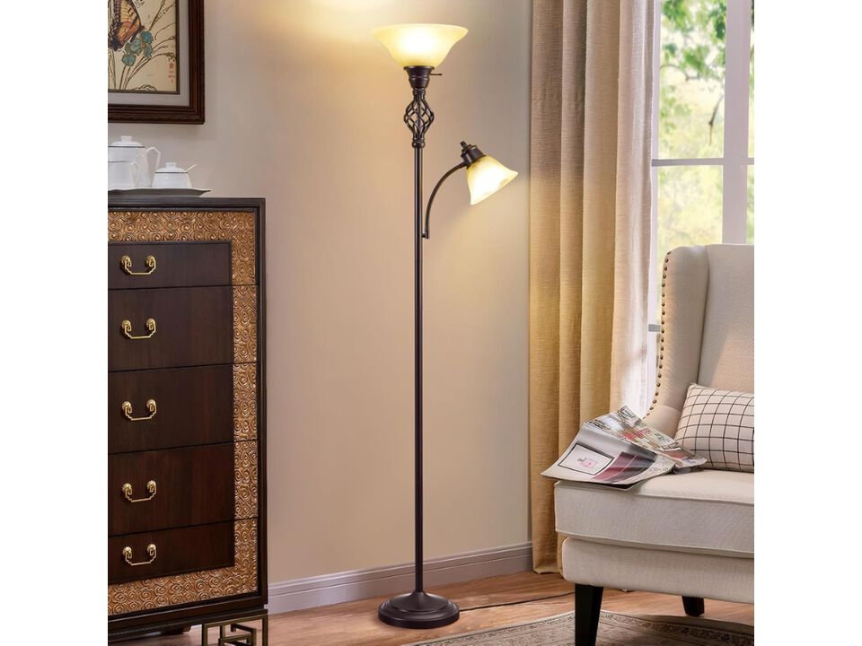 LED Torchiere Floor Lamp with Glass Shade Two Head Reading Light Home Decor