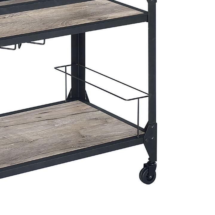 Metal Framed Serving Cart with Wooden Shelves with Wine Bottle Holder, Brown and Gray - Benzara