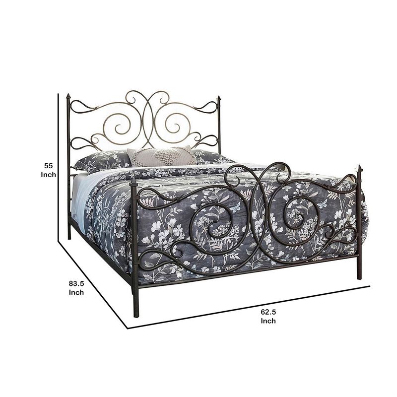 Open Frame Scroll Design Metal Queen Bed, Dark Bronze-Benzara