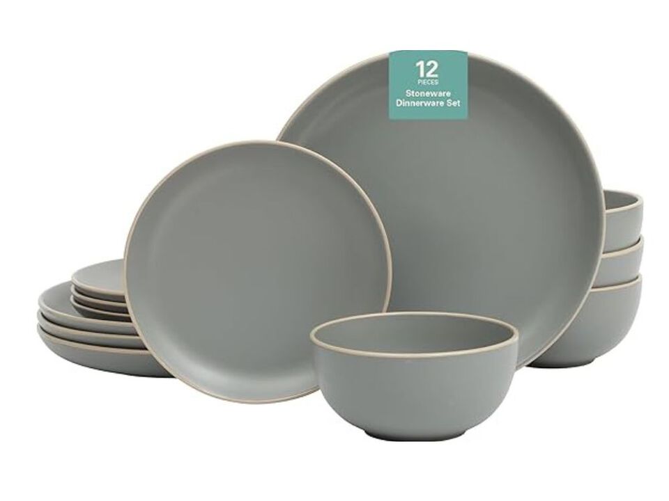 12-Piece Matte Grey Dinnerware Set – Stoneware Plates & Bowls for 4