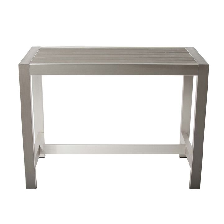 Kylo 59 Inch Outdoor Bar Table, Gray Aluminum Frame, Plank Surface, Large-Benzara