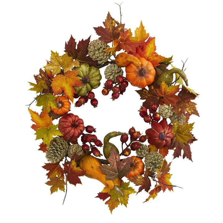 Nearly Natural 24-in Pumpkin, Gourd, Berry and Maple Leaf Wreath
