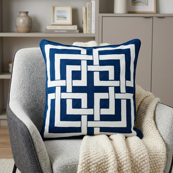 HomeRoots 20" Blue and White Interlocking Cotton Throw Pillow