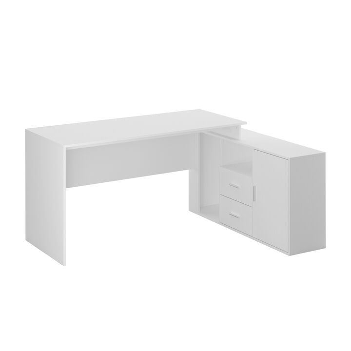 55.1" Wx29.5"H : White "L" Shape MDF Computer Desk with 2-Drawer, Open Shelves & Cabinet