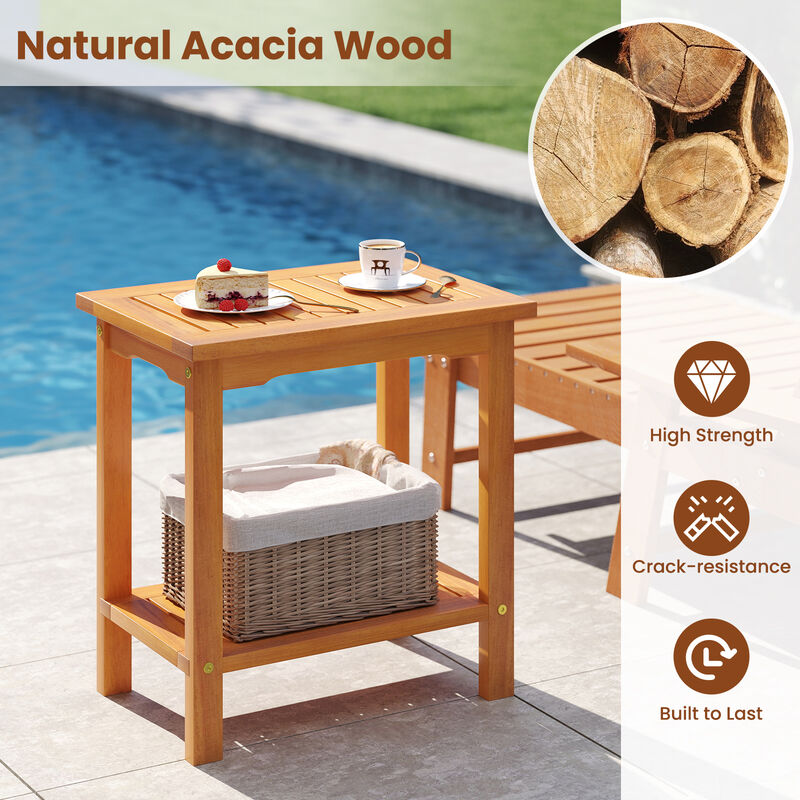 Outdoor 2-Tier Acacia Wood Side Table with Slatted Top and Lower Storage Shelf-Natural image number 6