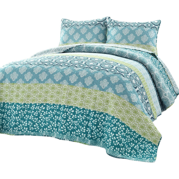 Cotton 3 Piece Reversible Floral Damask Quilt Set