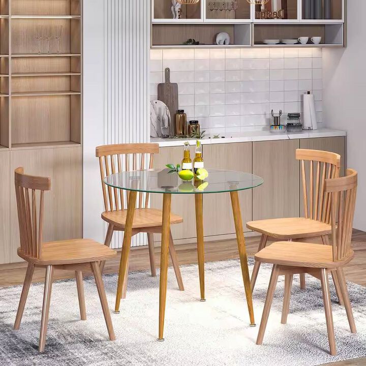 Modern Round Glass Top Dining Table with Wood-Look Metal Legs