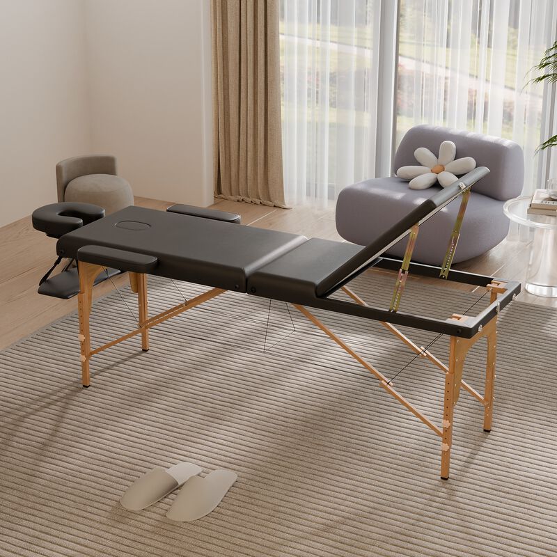 FUFU&GAGA Portable Folding Massage Bed with Solid Wood Legs & Metal Frame, Black PVC Leather Top (Open: 84.2 in. W x 21.2 in. D x 26.7 in. H / Folded: 36.2 in. W x 7 in. D x 21.2 in. H), Black