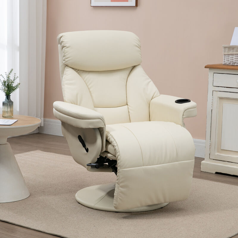 HOMCOM Manual Recliner, Swivel Lounge Armchair with Side Pocket, Footrest and Cup Holder for Living Room, Cream White