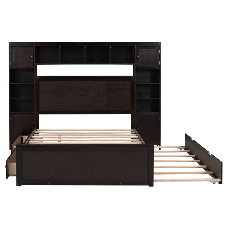 Whisen Modern Design Full Size Wooden Bed With All-in-One Cabinet, Shelf and Twin Size Trundle - White