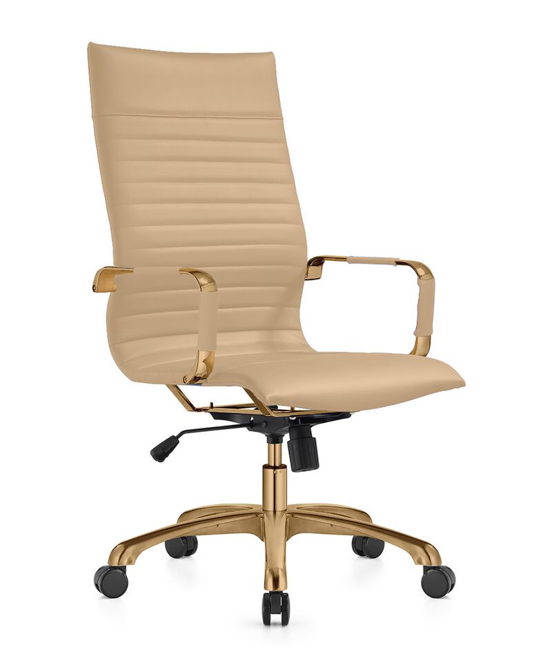 LeisureMod Harris High-Back Faux Leather Office Chair with Gold Frame &ndash; Modern Executive Desk Chair, Adjustable Swivel, Ergonomic Support for Home & Office