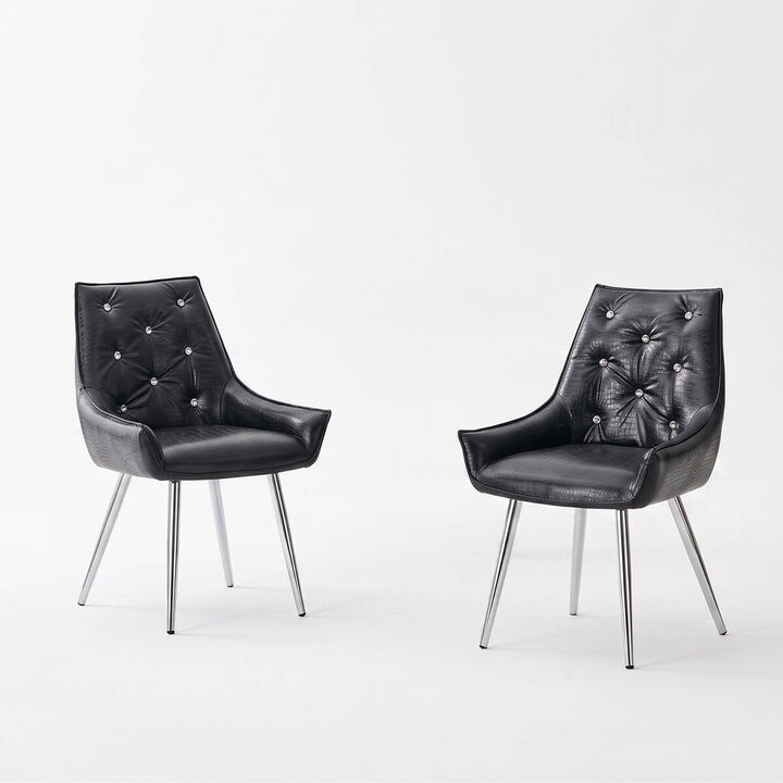 Set of 2 PU Leather Dining Chairs Crocodile Embossed Accent Chairs with Diamond Tufted Back Square Seat Chairs with Metal Legs