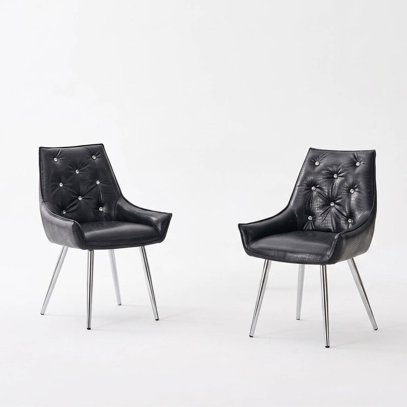 Set of 2 PU Leather Dining Chairs Crocodile Embossed Accent Chairs with Diamond Tufted Back Square Seat Chairs with Metal Legs image number 0