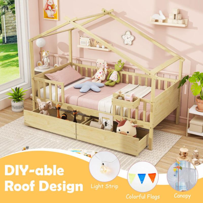 Hivvago Twin House Bed with 2 Storage Drawers and Roof & Fence Rails