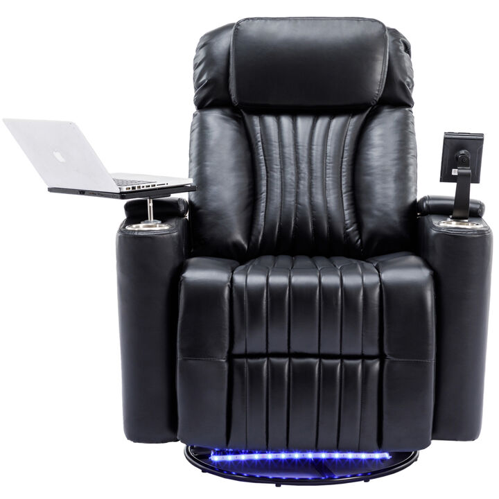 270 Power Swivel Recliner, Home Theater Seating With Hidden Arm Storage and LED Light Strip, Cup Holder,360 Swivel Tray Table, and Cell Phone Holder, Soft Living Room Chair, Blue