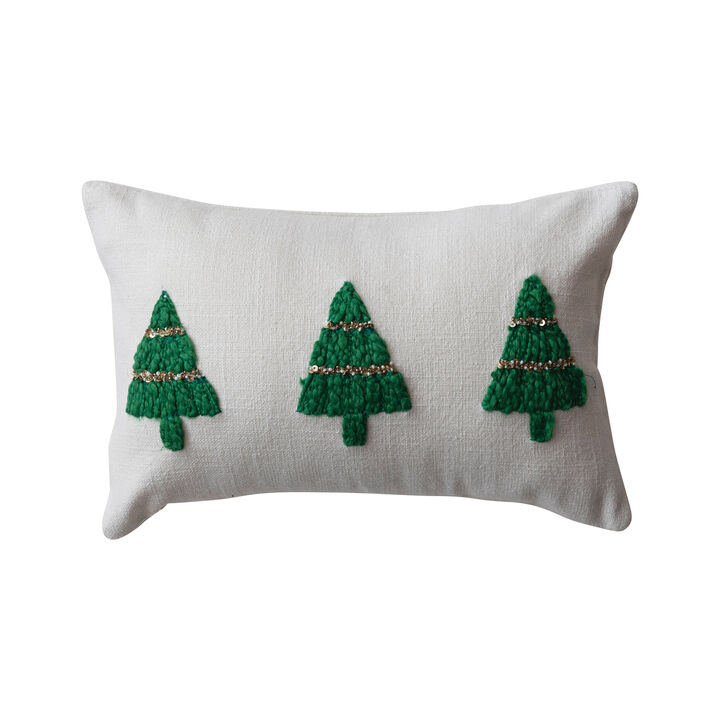 Cotton Slub Lumbar Pillow with Embroidered Christmas Trees and Beads, Natural and Green