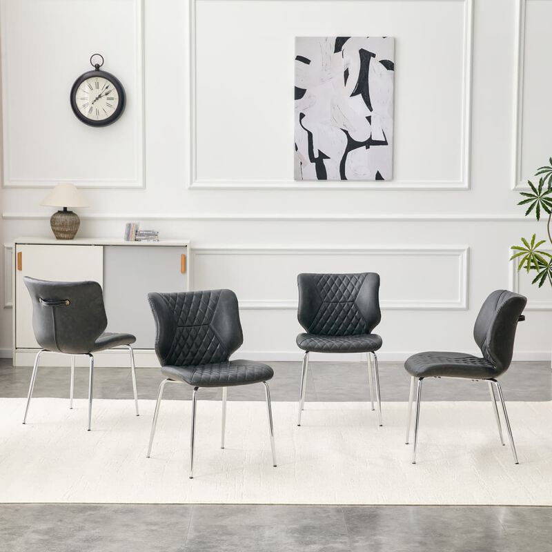 Set of 4 Leather Dining Chairs Square High Back Dining Chairs with Chevron Tufting Retro Dining Chairs with Metal Legs and Back Handle image number 4