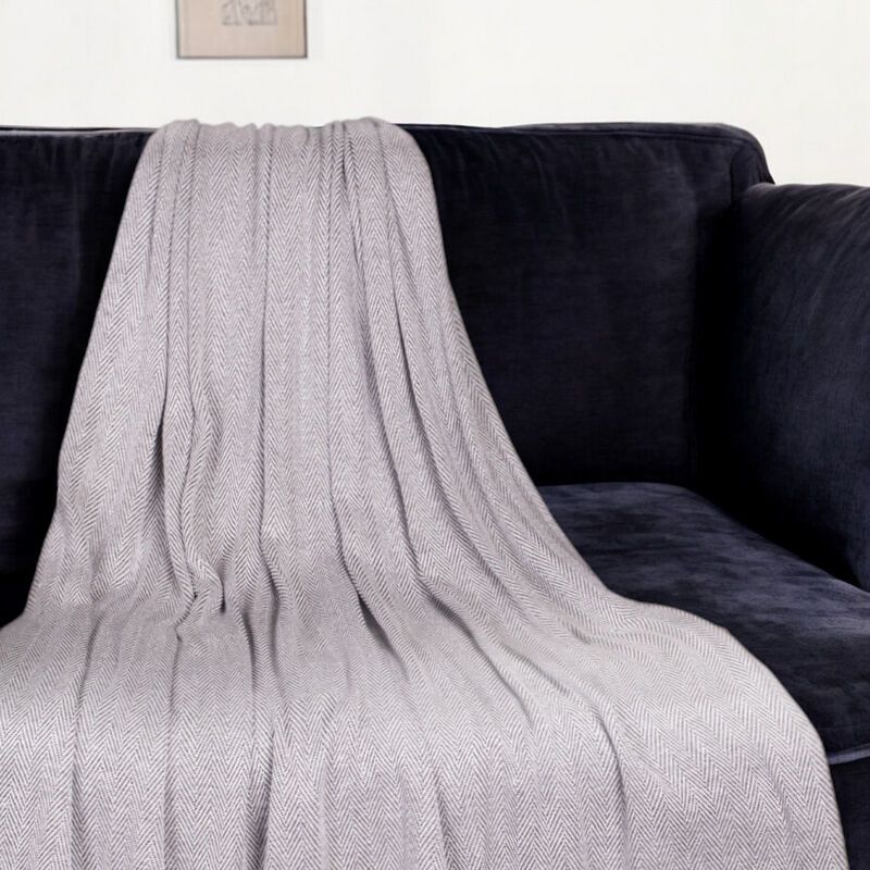 HomeRoots 52" X 67" Gray and Ivory Woven Cotton Herringbone Throw Blanket with Fringe image number 1