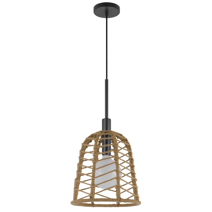 Pendant Light, Bell Style Caged Body with Braided Burlap Rope, Black Metal