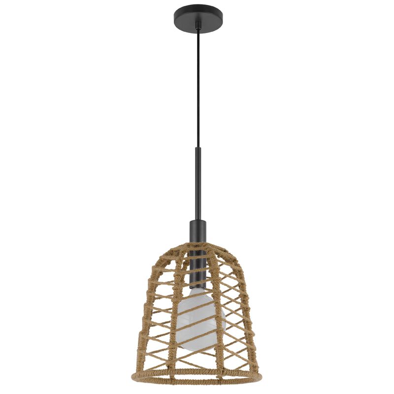 Pendant Light, Bell Style Caged Body with Braided Burlap Rope, Black Metal image number 0
