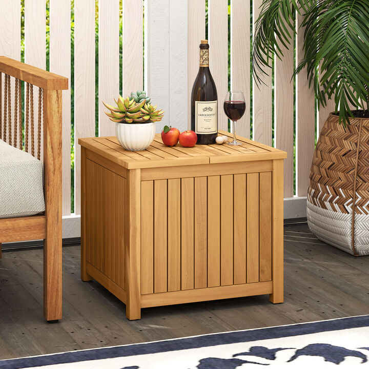 Acacia Wood 2-in-1 Outdoor Side Table with Slatted Top and Storage Box-Natural