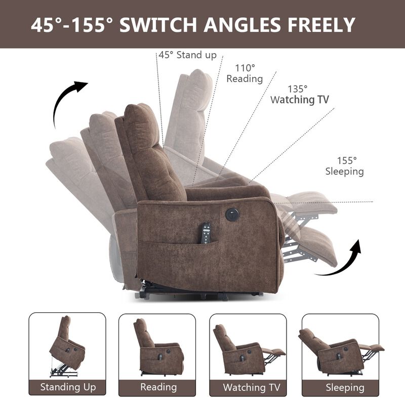 Chenille Power Lift Recliner Chair 155&deg; Recliner with Massage Heat & USB image number 8