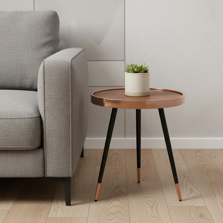 HomeRoots 20" Walnut Black And Rose Gold Wood and Stainless Steel Round End Table