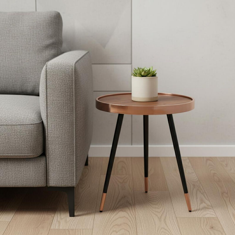 HomeRoots 20" Walnut Black And Rose Gold Wood and Stainless Steel Round End Table image number 1