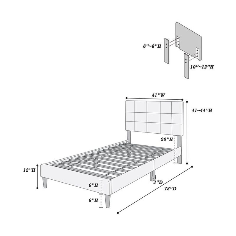 Lilian Twin Bed, Soft Biscuit Tufted Charcoal Gray Linen Upholstery - Benzara