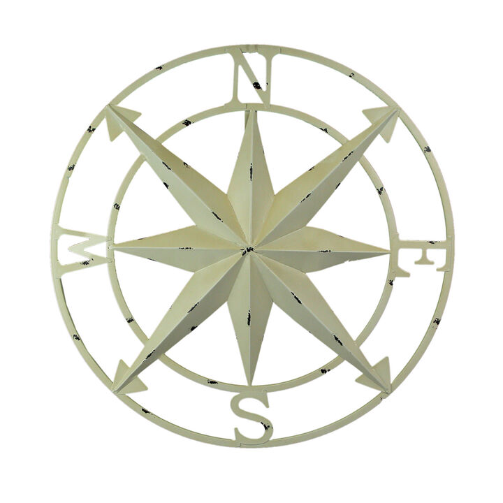 Antiqued White Indoor Outdoor Metal Compass Rose Wall Sculpture 20.5 Inch