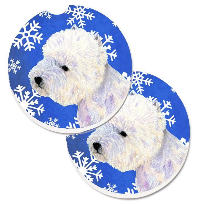 Caroline's Treasures Westie Winter Snowflakes Holiday Set of 2 Cup Holder Car Coasters LH9270CARC, 2.56, Multicolor