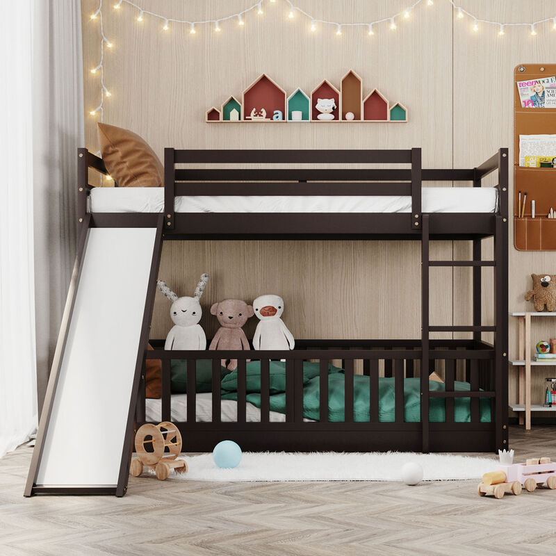 Twin Over Twin Bunk Bed with Slide and Ladder, Espresso