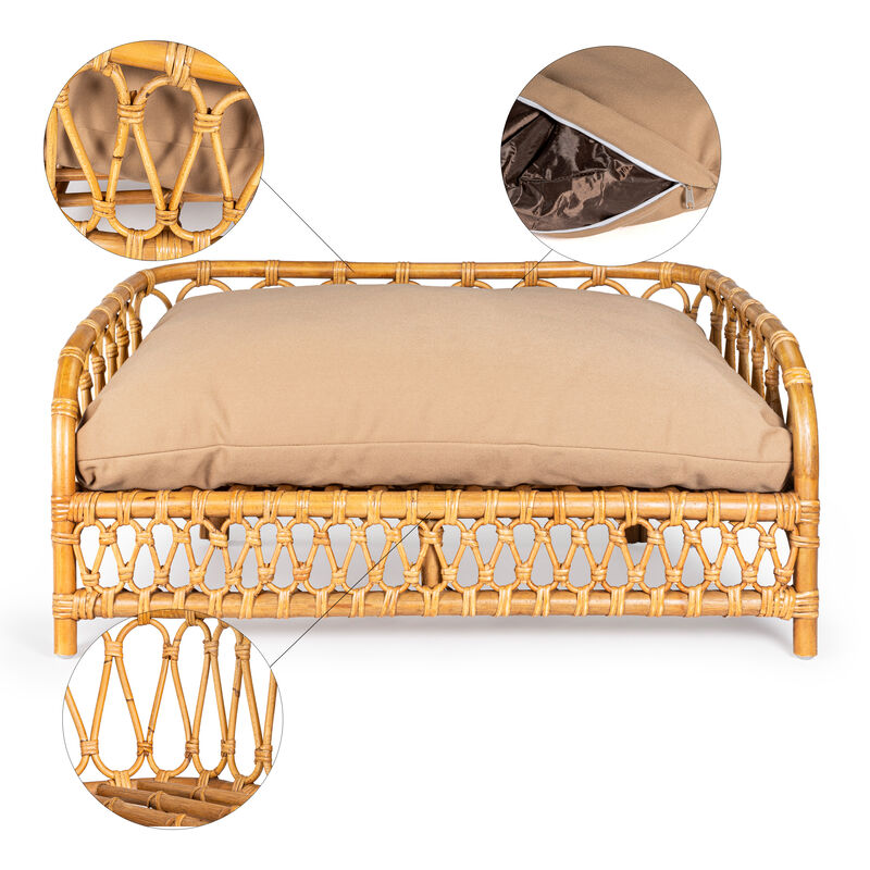 Elevated Bohemian Handwoven Rattan Dog Daybed with Machine-Washable Cushion