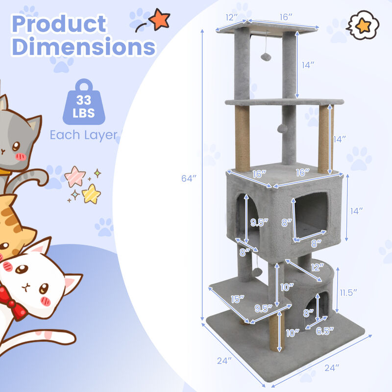 64" Cat Tree Tower with Two Large Condos and Jute Scratching Posts image number 2