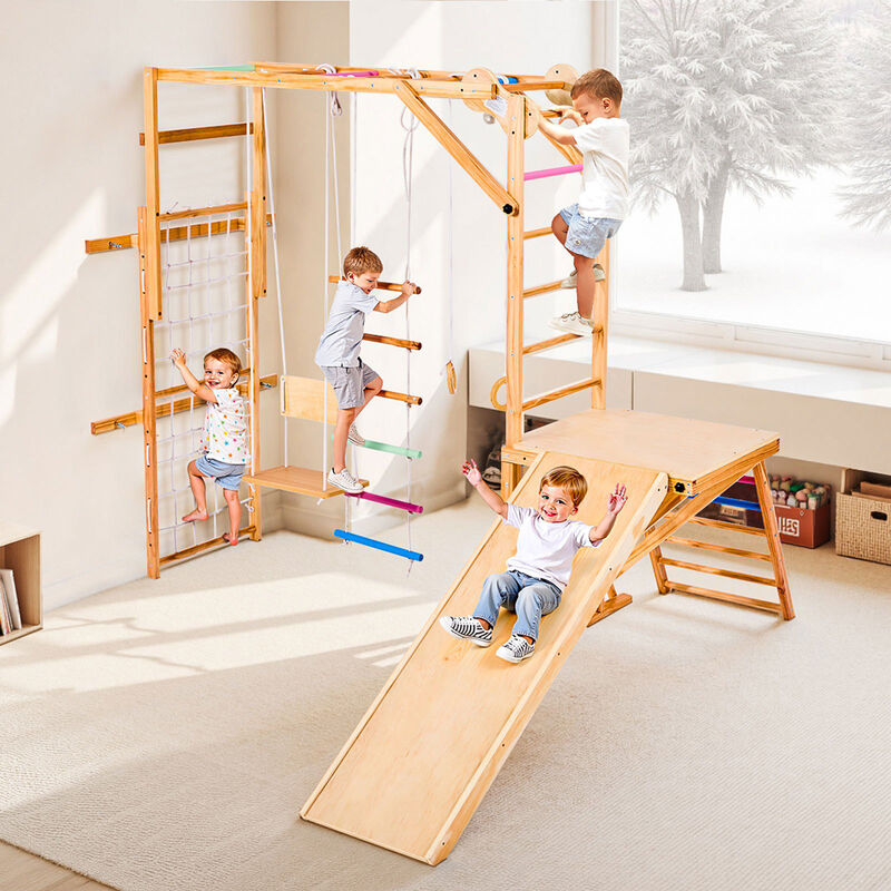 8 in 1 Wooden Indoor Playground Kids Climbing Gym with Slide Swing image number 1