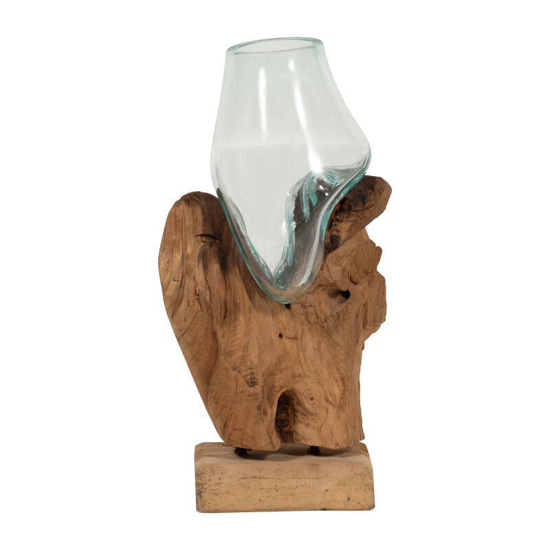 Glass 12"h Vase In Wood Stand, Brown image number 3